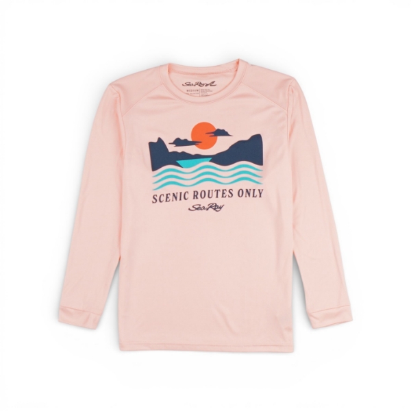 Front view of Youth Scenic Route Performance Shirt in coral with scenic sunset and wave graphic