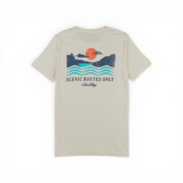 Back view of Scenic Route Tee in cream with scenic sunset and wave graphic and “Scenic Routes Only” text