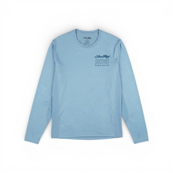 Make Waves Performance Shirt in light blue with Sea Ray ‘Make Waves’ graphic on the left chest, front view.