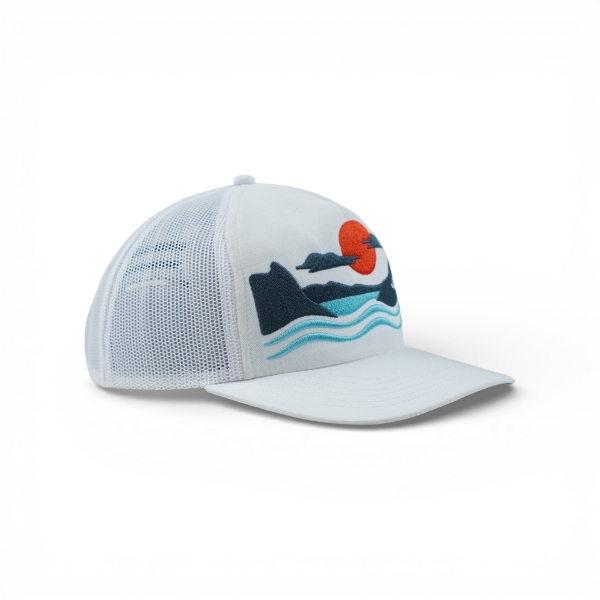 Side view of Mercury Scenic Route hat showing scenic embroidered design and curved brim.