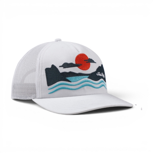 Side view of Mercury Scenic Route hat showing scenic embroidered design and curved brim.