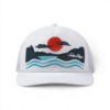 Mercury Scenic Route hat, white with embroidered sunset and wave design.