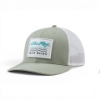 Sea Ray Make Waves patch trucker hat in sage green with white mesh back, angled side view.