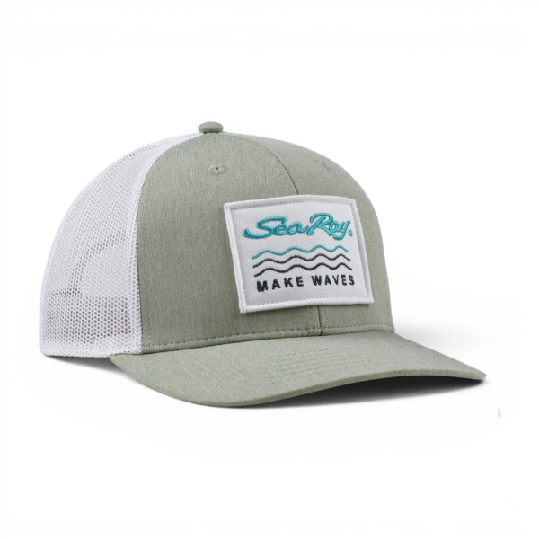 Sea Ray Make Waves patch trucker hat in sage green with white mesh back, angled front view.