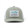 Sea Ray Make Waves patch trucker hat, front view in sage green with white mesh back.