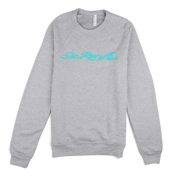Sea Ray Classic Crewneck with Sea Ray logo in teal on gray crewneck.