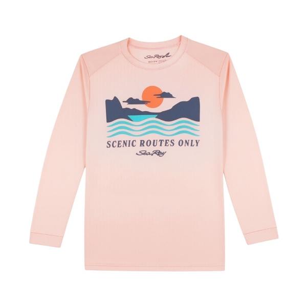 Front view of Youth Scenic Route Performance Shirt in coral with scenic sunset and wave graphic