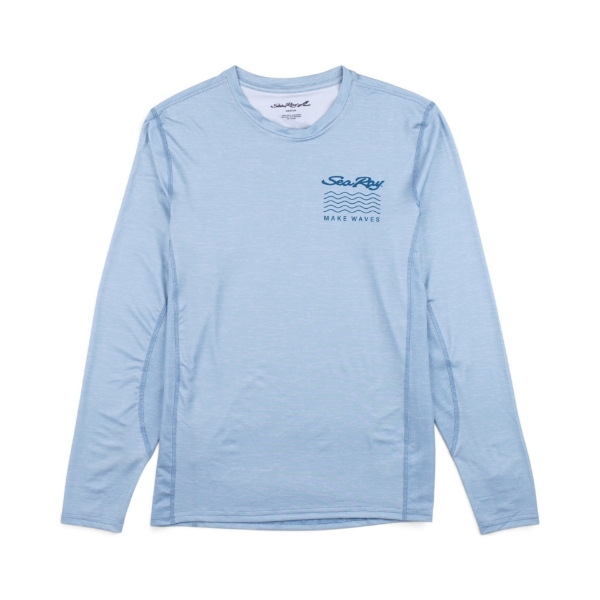 Make Waves Performance Shirt in light blue with Sea Ray ‘Make Waves’ graphic on the left chest, front view.