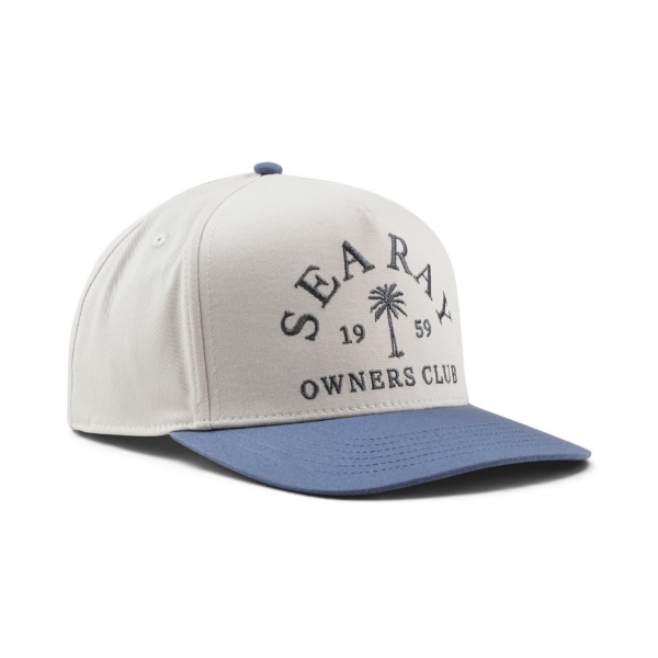 White Sea Ray hat shown at a right‑side three‑quarter angle with a blue bill and “Sea Ray Owners Club 1959” embroidered graphic.