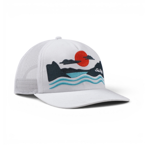 Side view of Mercury Scenic Route hat showing scenic embroidered design and curved brim.